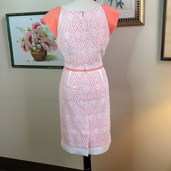 Alex Marie Peach Dress with White Lace Overlay, Cap Sleeves (Size: 8) - Picture 3 of 15